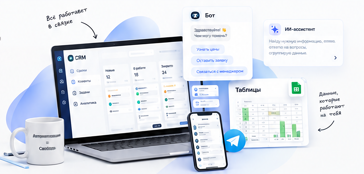 CRM на ноутбуке, чат-бот, телефон с Telegram, ИИ-ассистент и таблицы